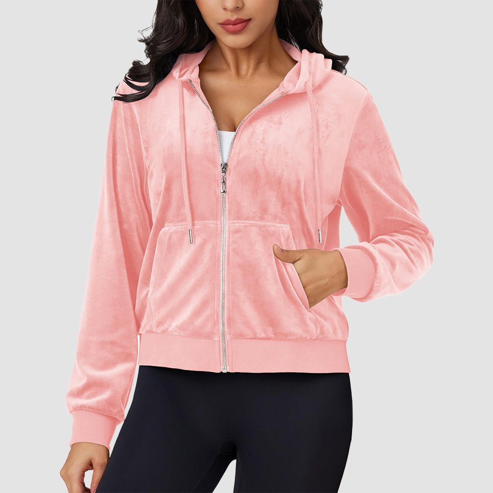 Pink Women's Velvet Crop Hoodie Jacket with Zip Pockets - MAGCOMSEN