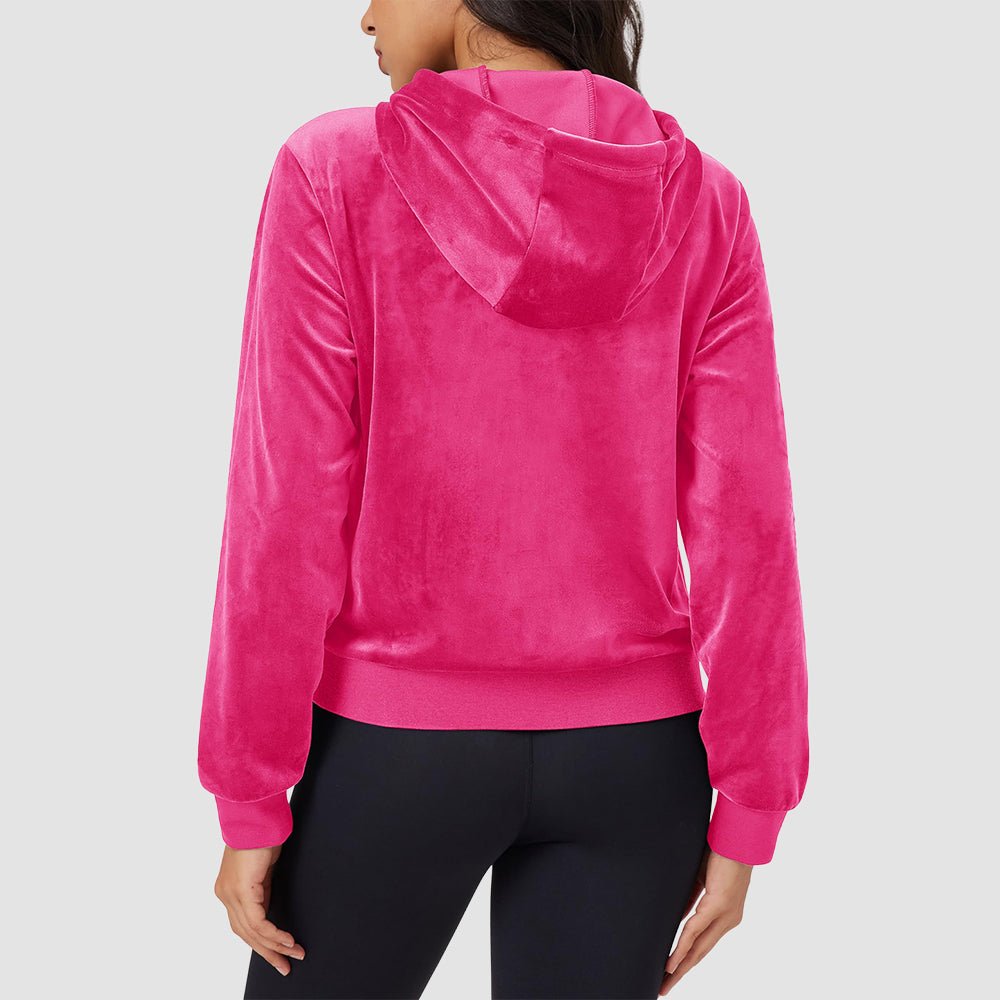 Rose Women's Velvet Crop Hoodie Jacket with Zip Pockets - MAGCOMSEN