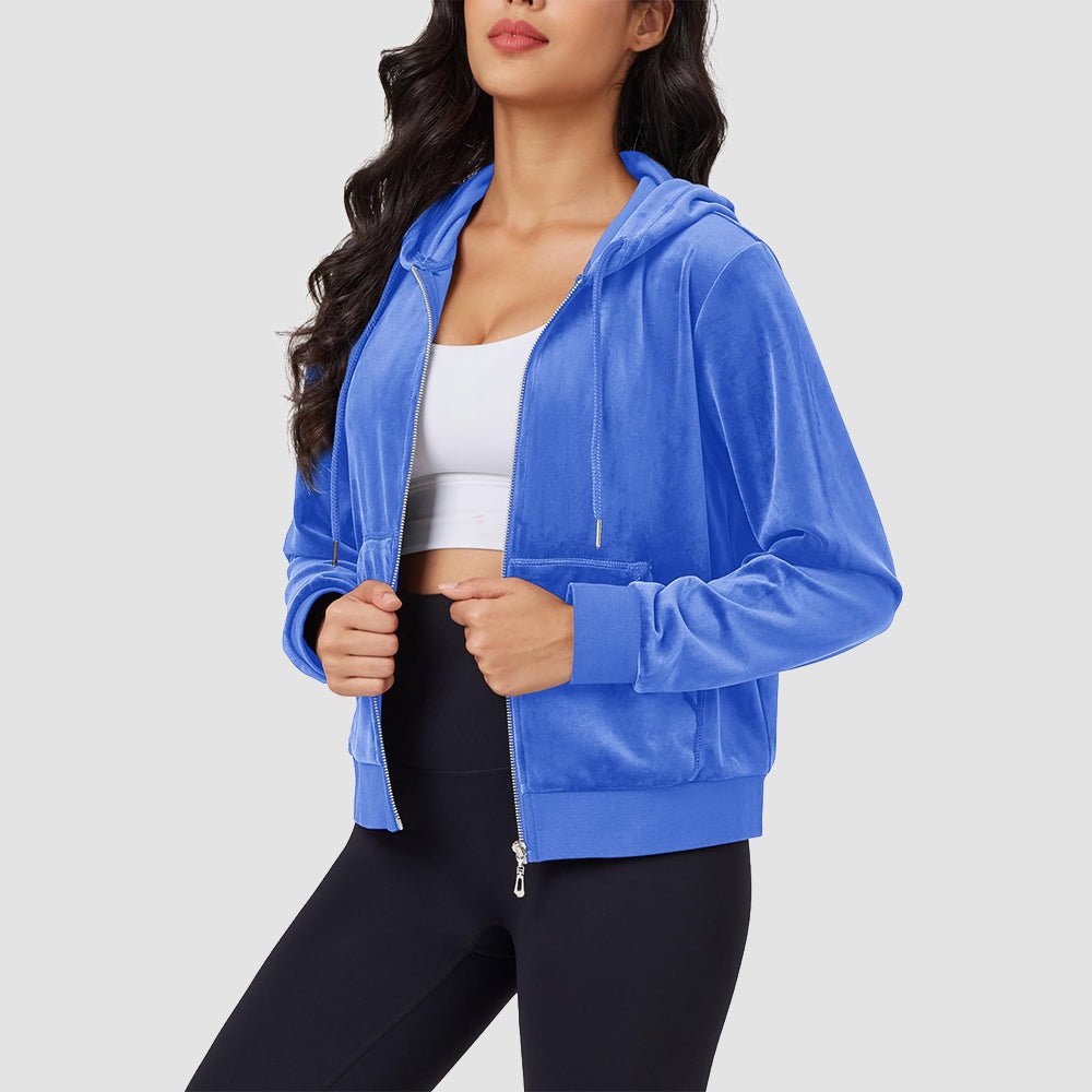 Sea Blue Women's Velvet Crop Hoodie Jacket with Zip Pockets - MAGCOMSEN