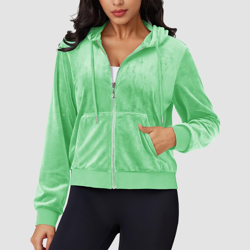 Mint Green Women's Velvet Crop Hoodie Jacket with Zip Pockets - MAGCOMSEN