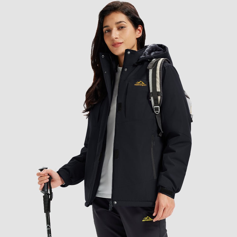 Black Women's Waterproof Ski Jacket - Warm Fleece Lined Winter Snow Coat with Hood - MAGCOMSEN