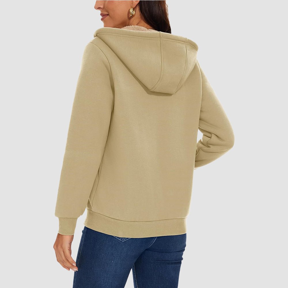 Khaki Women's Zip - Up Sherpa Lined Fleece Hoodie Jacket - MAGCOMSEN