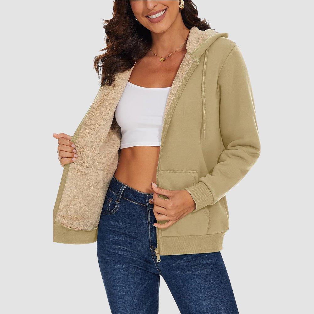 Khaki Women's Zip - Up Sherpa Lined Fleece Hoodie Jacket - MAGCOMSEN