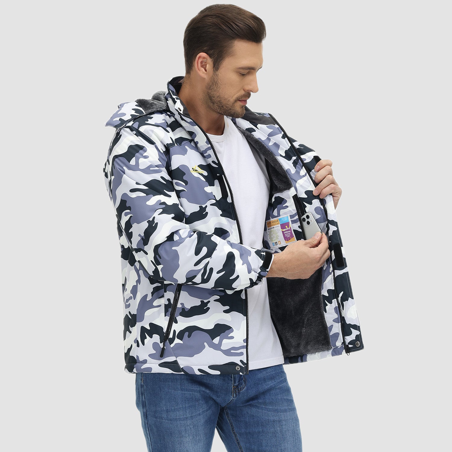 Men's Water-Repellent Winter Ski Jacket with Fleece Lining - MAGCOMSEN #Color_Grey Camo