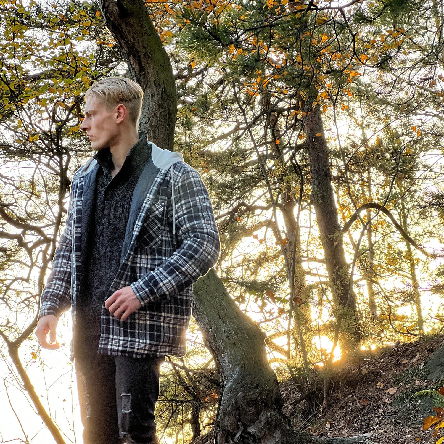 Men's Flannel Plaid Shirt Jacket with Hood Quilted Lined Coat - MAGCOMSEN