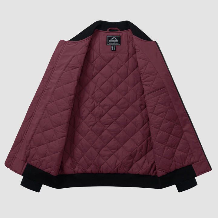 Men's Winter Bomber Jacket, Quilted & Windproof Zip-Up Coa - Wine Red