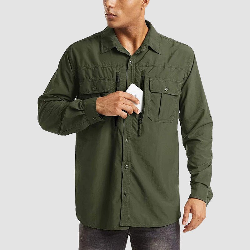 Army-green Men's Tactical Shirt, Quick-Dry & UV Protection for Hiking