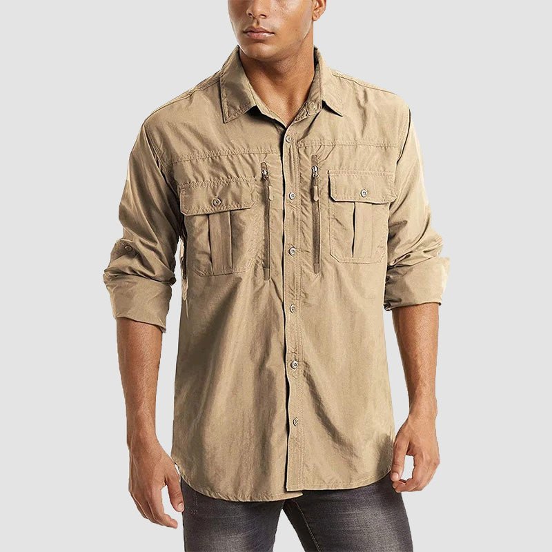 Khaki Men's Tactical Shirt, Quick-Dry & UV Protection for Hiking
