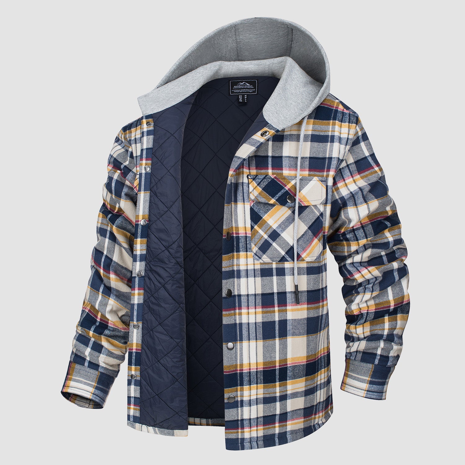 Men's Flannel Plaid Shirt Jacket with Hood Quilted Lined Coat - MAGCOMSEN