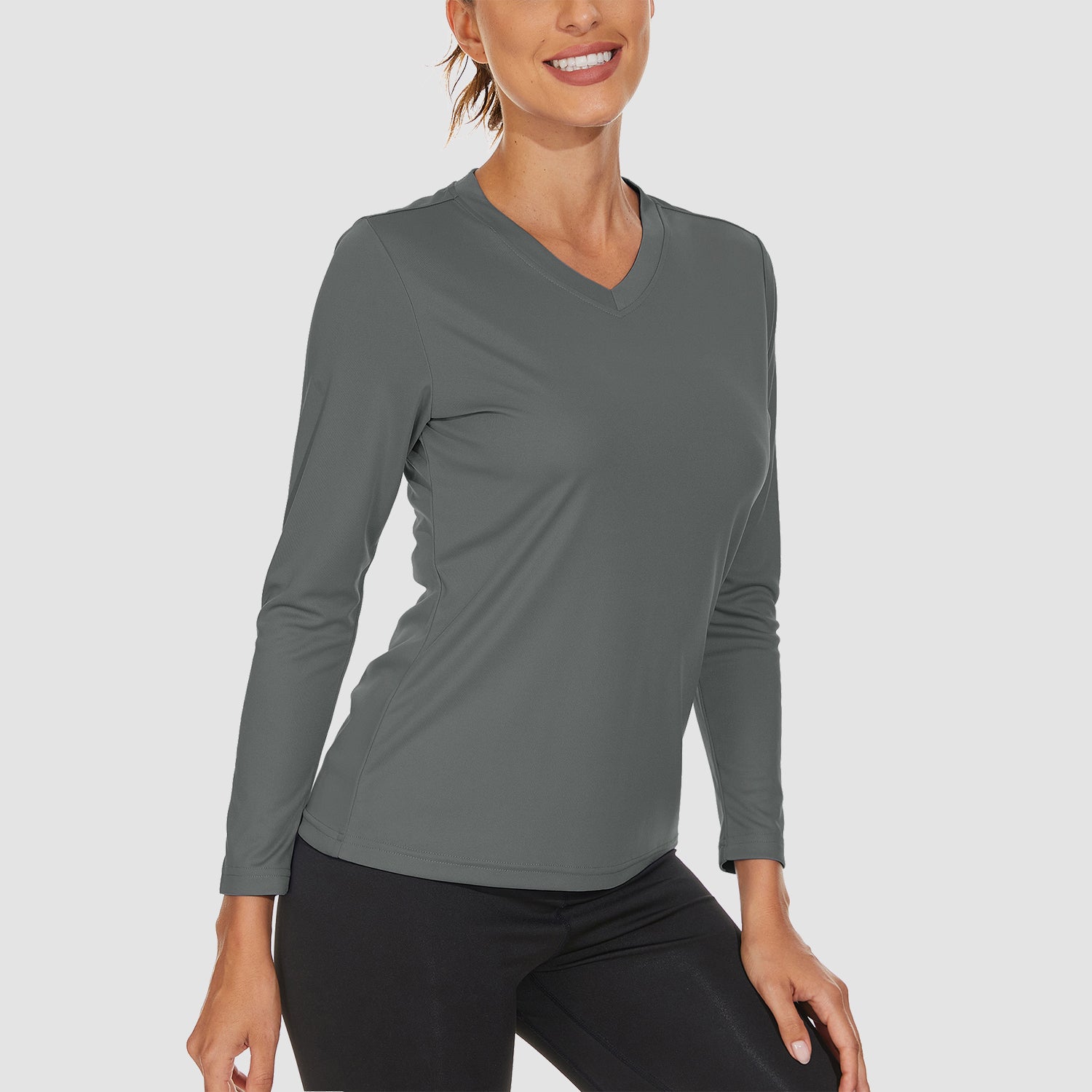 Dark Grey Women's Long Sleeve UPF 50+ V-Neck Hiking & Workout Shirt - MAGCOMSEN