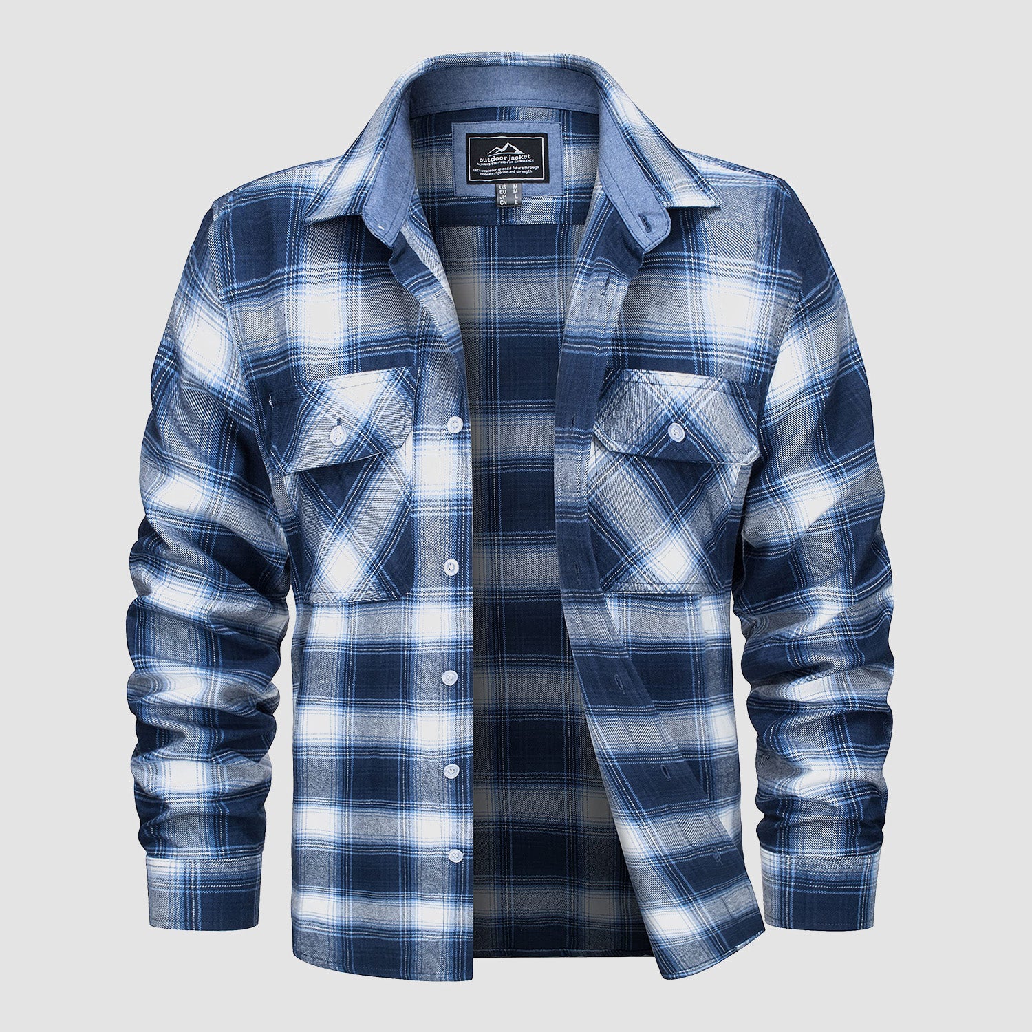 Blue White Men's Long Sleeve Cotton Plaid Flannel Shirt - MAGCOMSEN