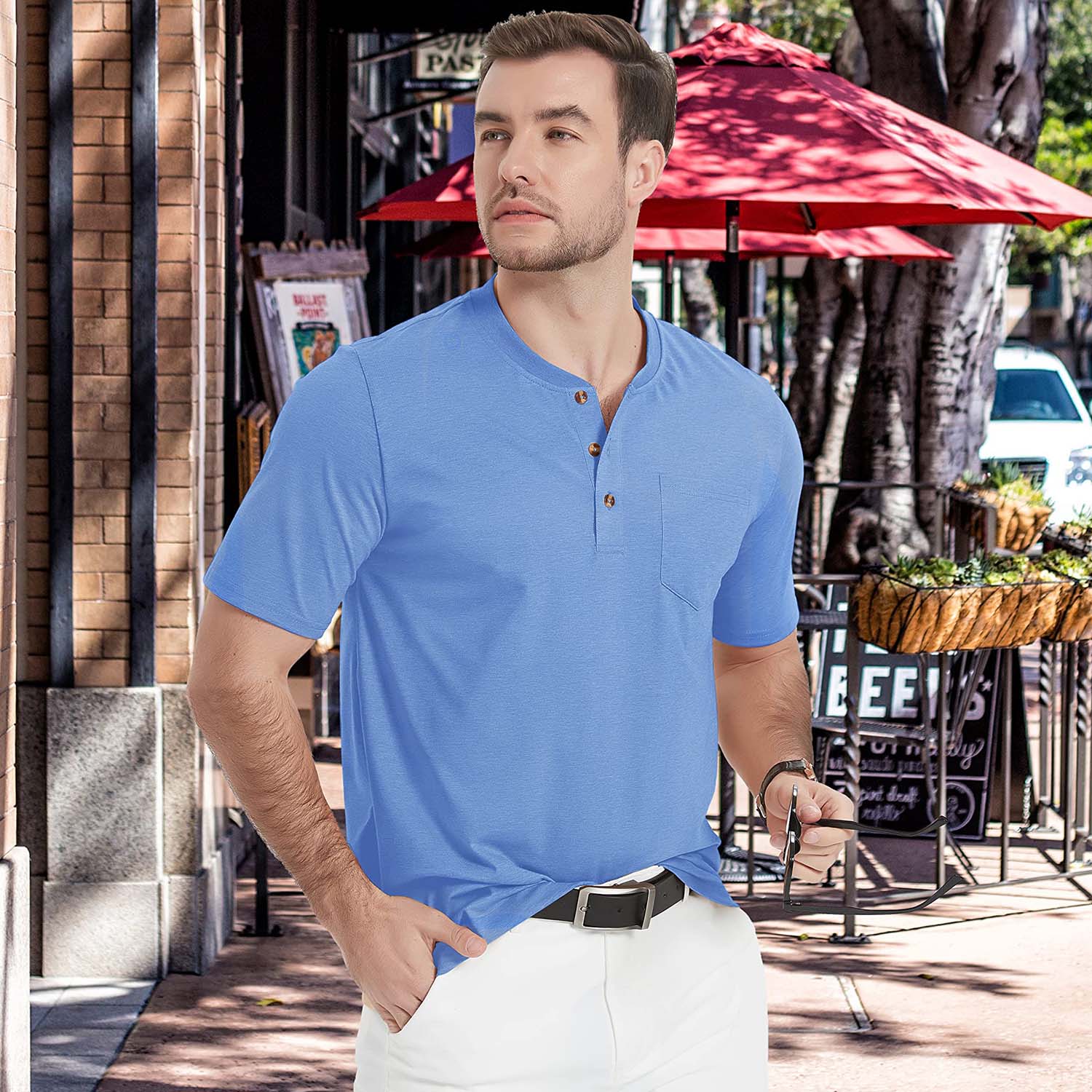 Men's Slim Fit Short Sleeve Sun Protection Henley Shirt - MAGCOMSEN