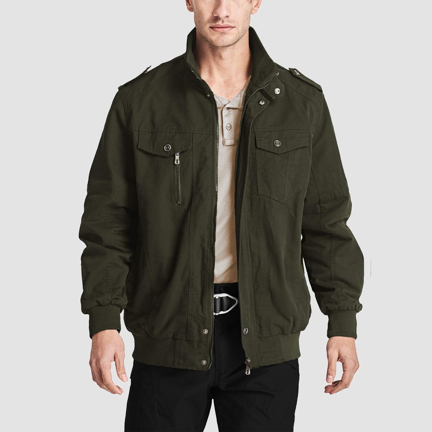 Men's Cotton Cargo Jackets Stand Collar Lightweight Tactical Jacket Windbreaker 4 Pockets