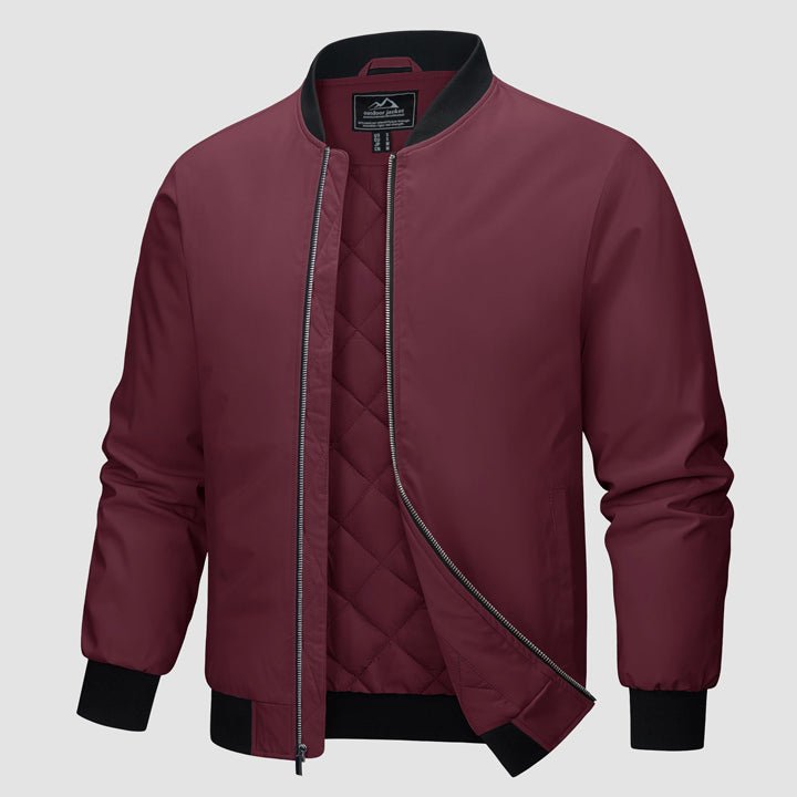 Men's Winter Bomber Jacket, Quilted & Windproof Zip-Up Coa - Wine Red