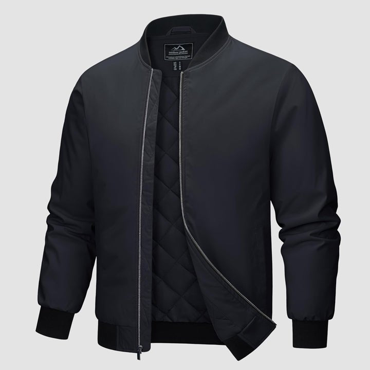 Men's Winter Bomber Jacket, Quilted & Windproof Zip-Up Coa - Black