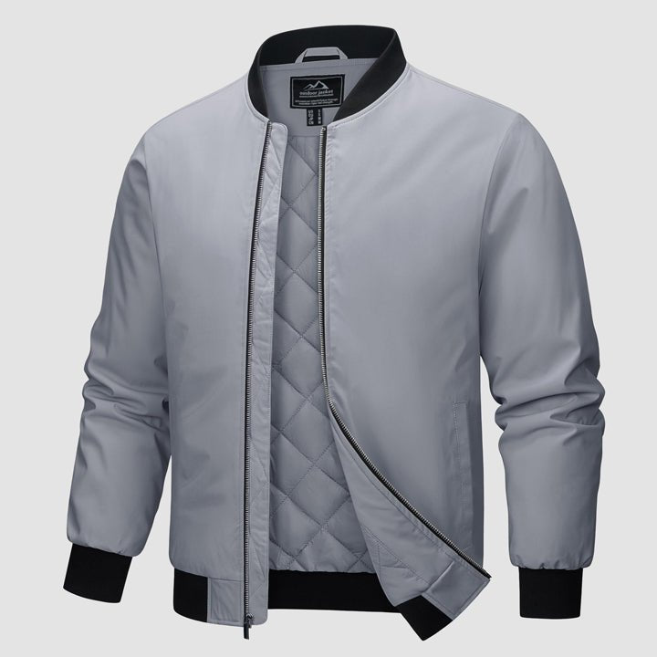 Men's Winter Bomber Jacket, Quilted & Windproof Zip-Up Coa - Light Grey