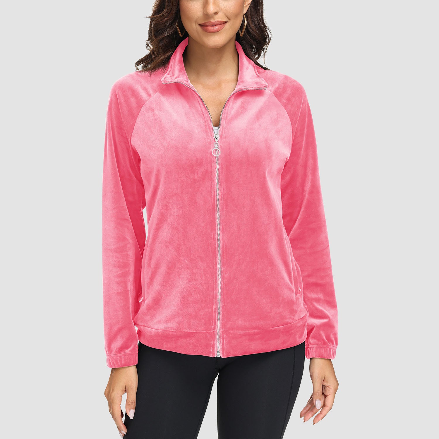 Women's Velour Jackets Full Zip Up Fleece Jacket With Zipper Pockets Soft Winter Jackets - MAGCOMSEN