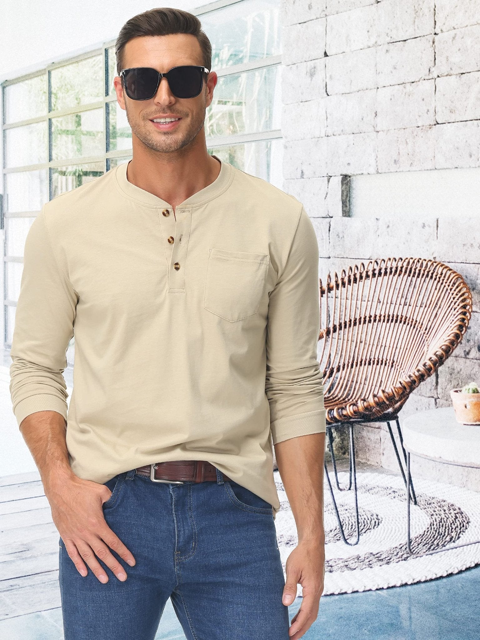 Men's Henley Shirt Cotton Long Sleeve Shirts - MAGCOMSEN