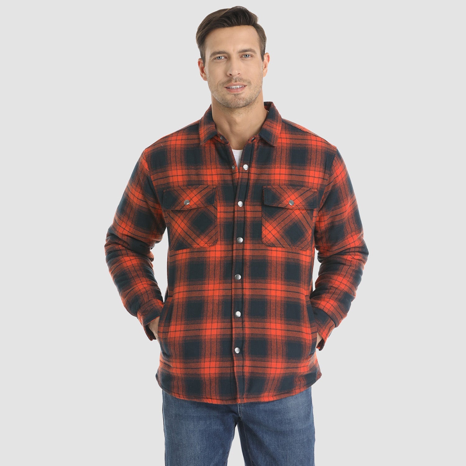 Orange Men's Quilted Flannel Jacket - Warm Winter Padded Shirt - MAGCOMSEN