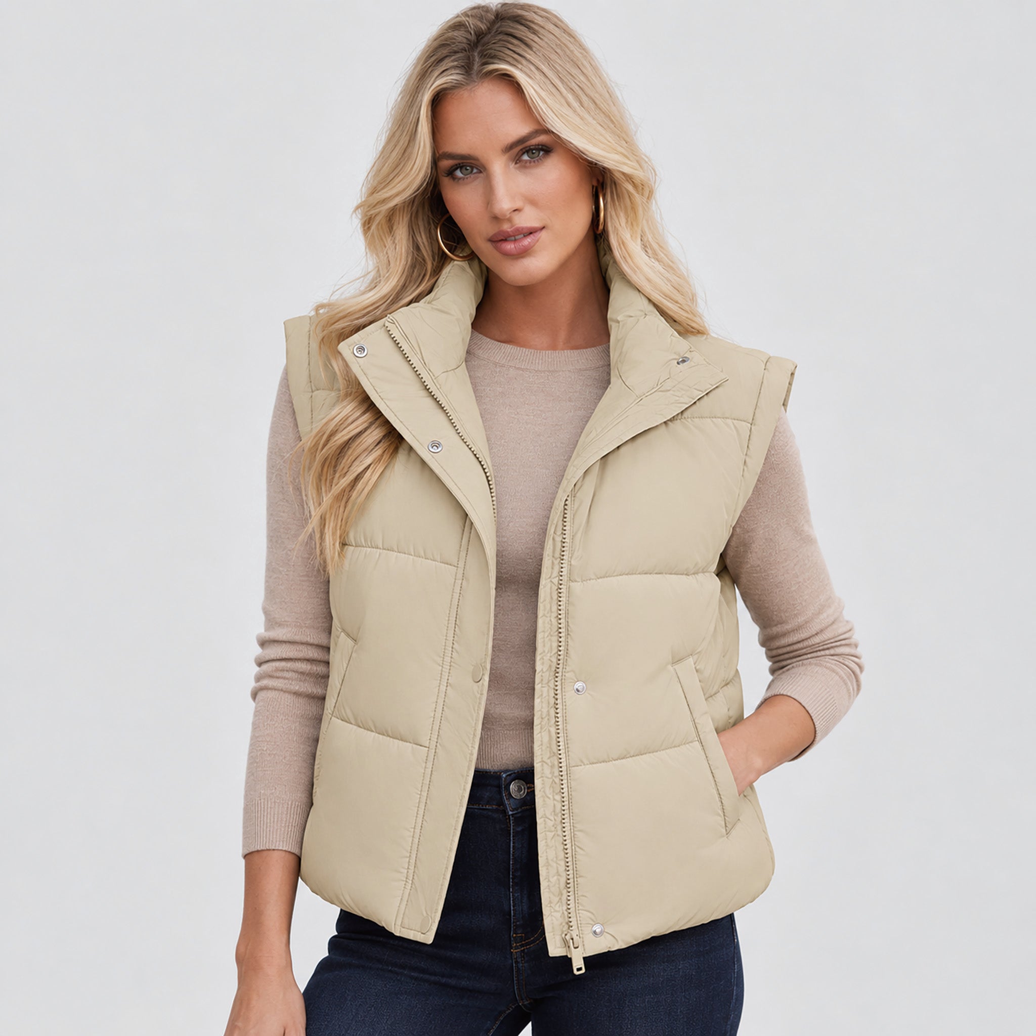 Womens Lightweight Cropped Puffer Vest with Stand Collar