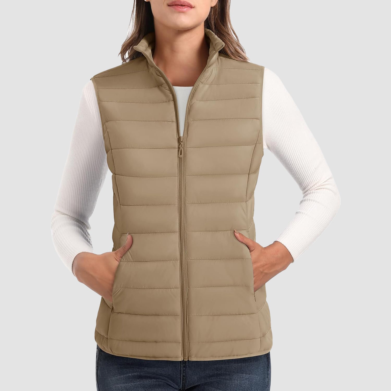 Khaki Women's Lightweight Puffer Vest with 4 Pockets & Stand Collar - MAGCOMSEN