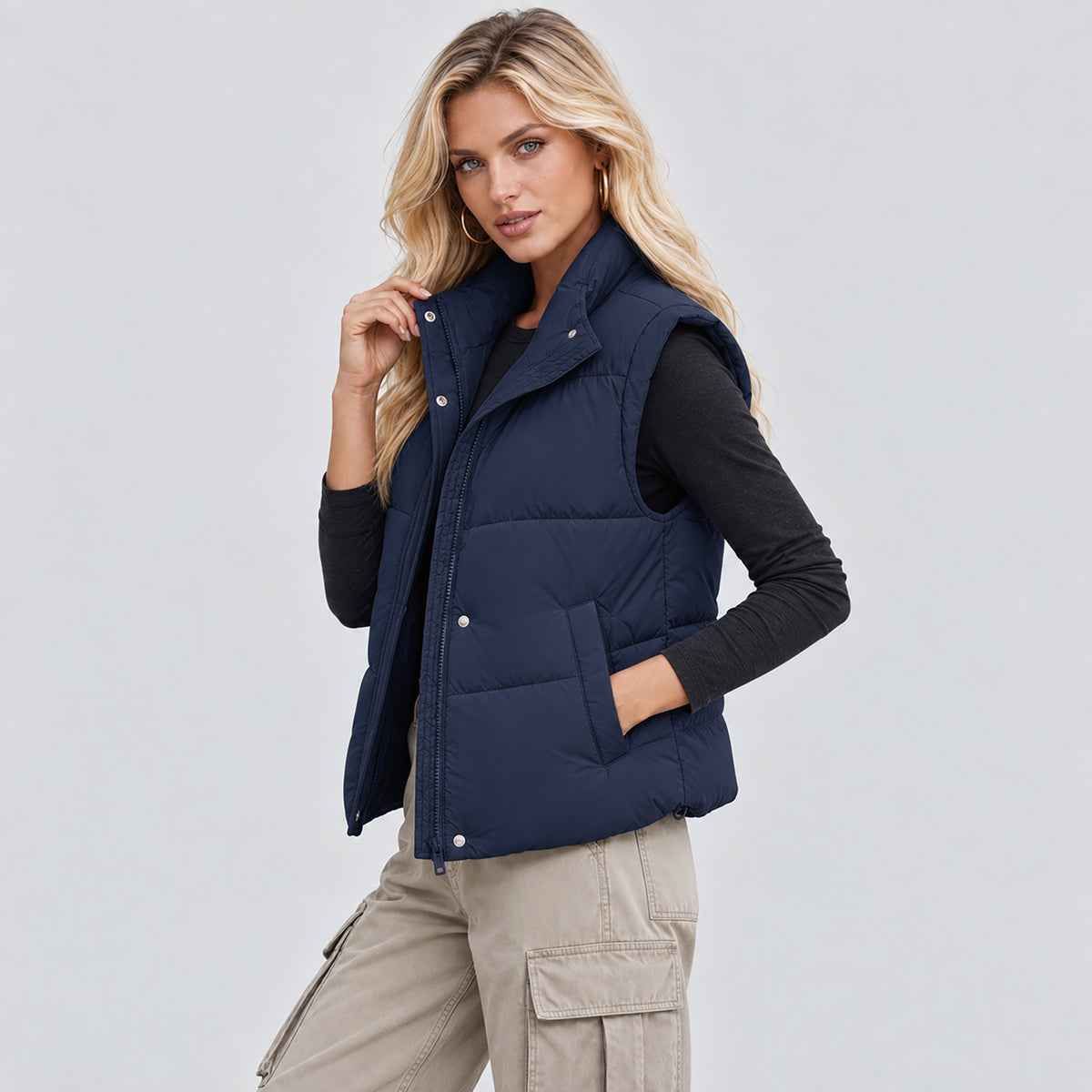 Womens Lightweight Cropped Puffer Vest with Stand Collar