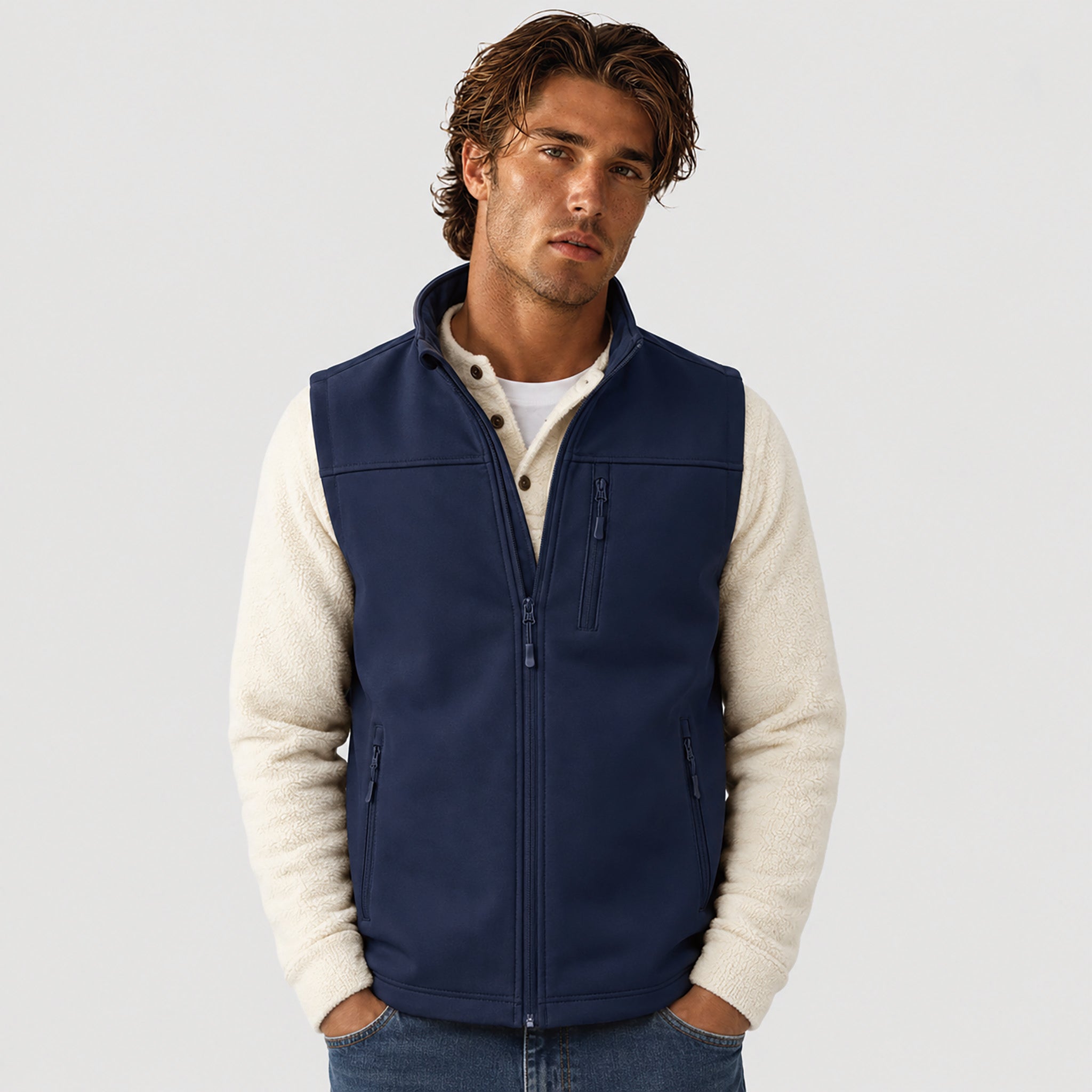 Men's Waterproof Softshell Vest 6-Pocket Fleece Lined Golf Windbreaker