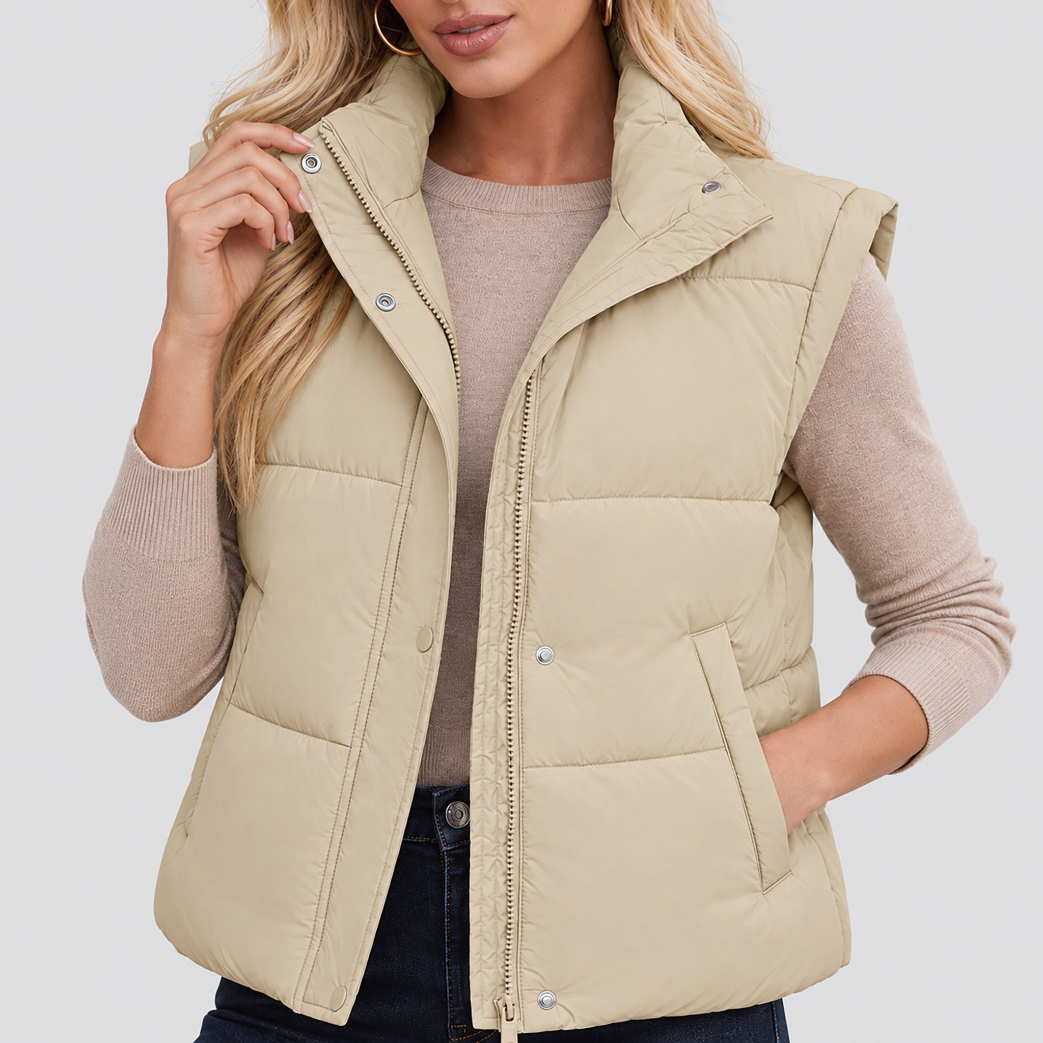 Womens Lightweight Cropped Puffer Vest with Stand Collar
