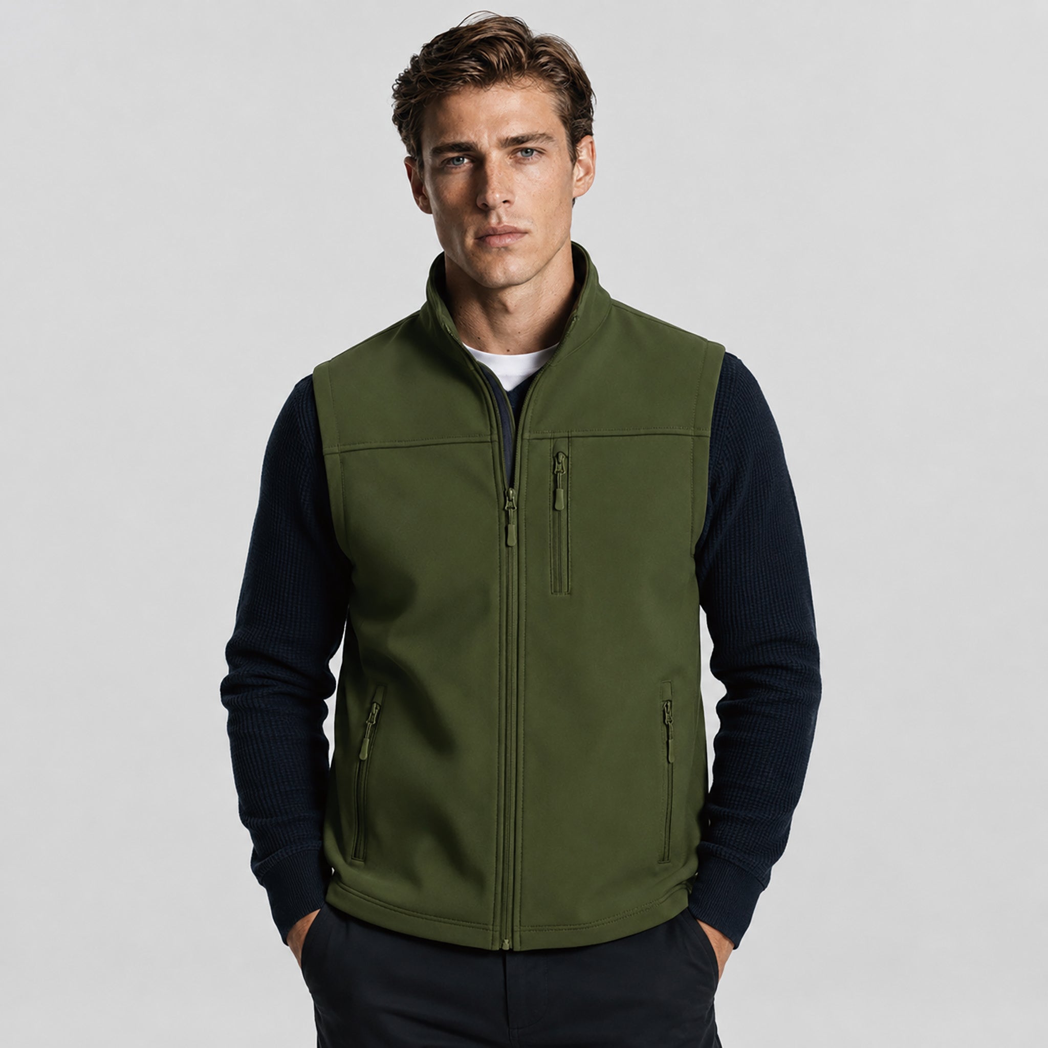 Men's Waterproof Softshell Vest 6-Pocket Fleece Lined Golf Windbreaker