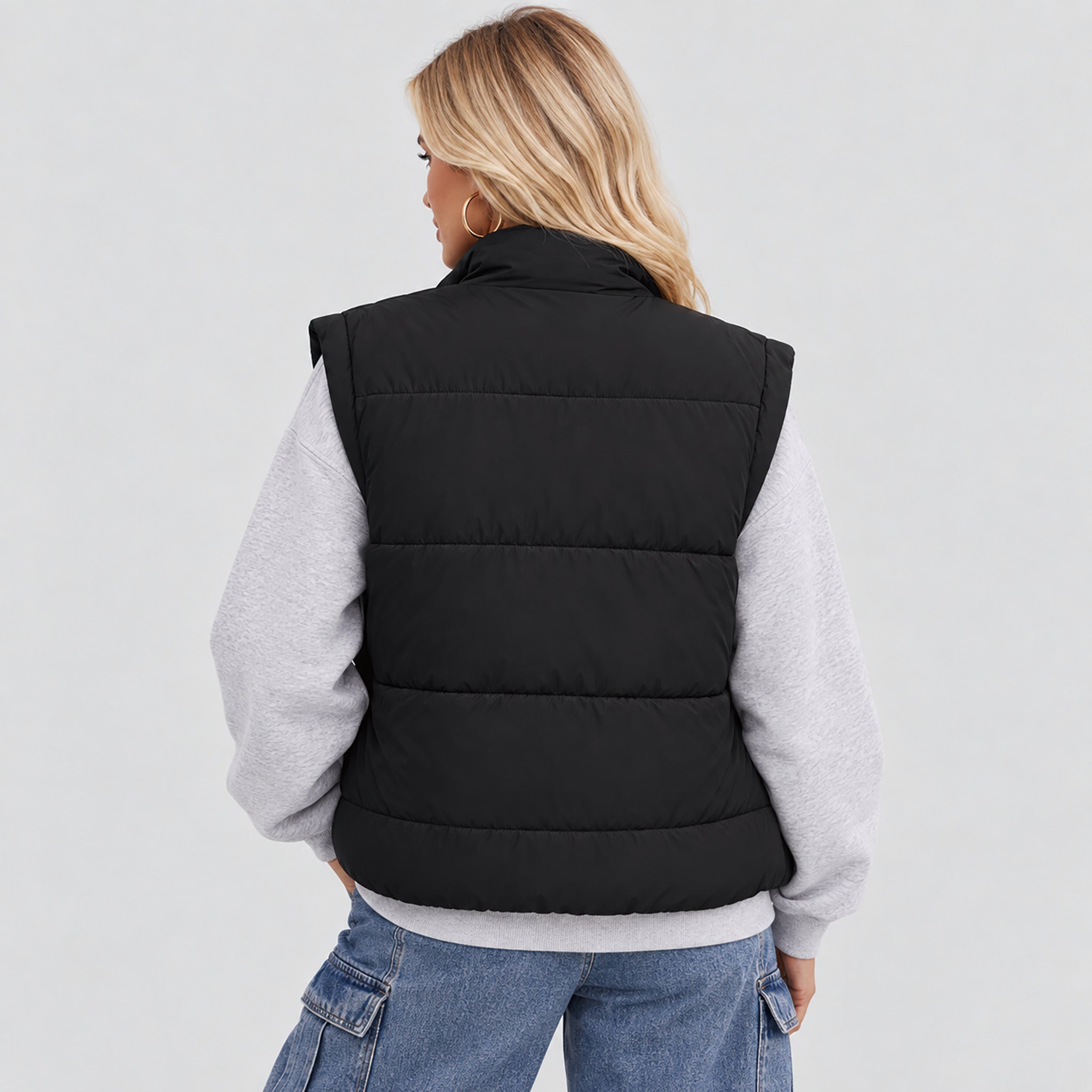 Womens Lightweight Cropped Puffer Vest with Stand Collar