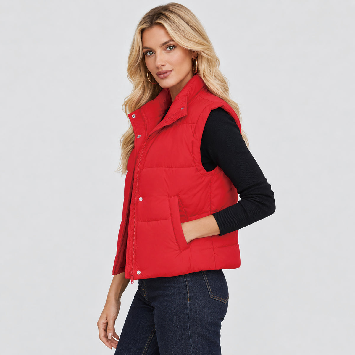 Womens Lightweight Cropped Puffer Vest with Stand Collar