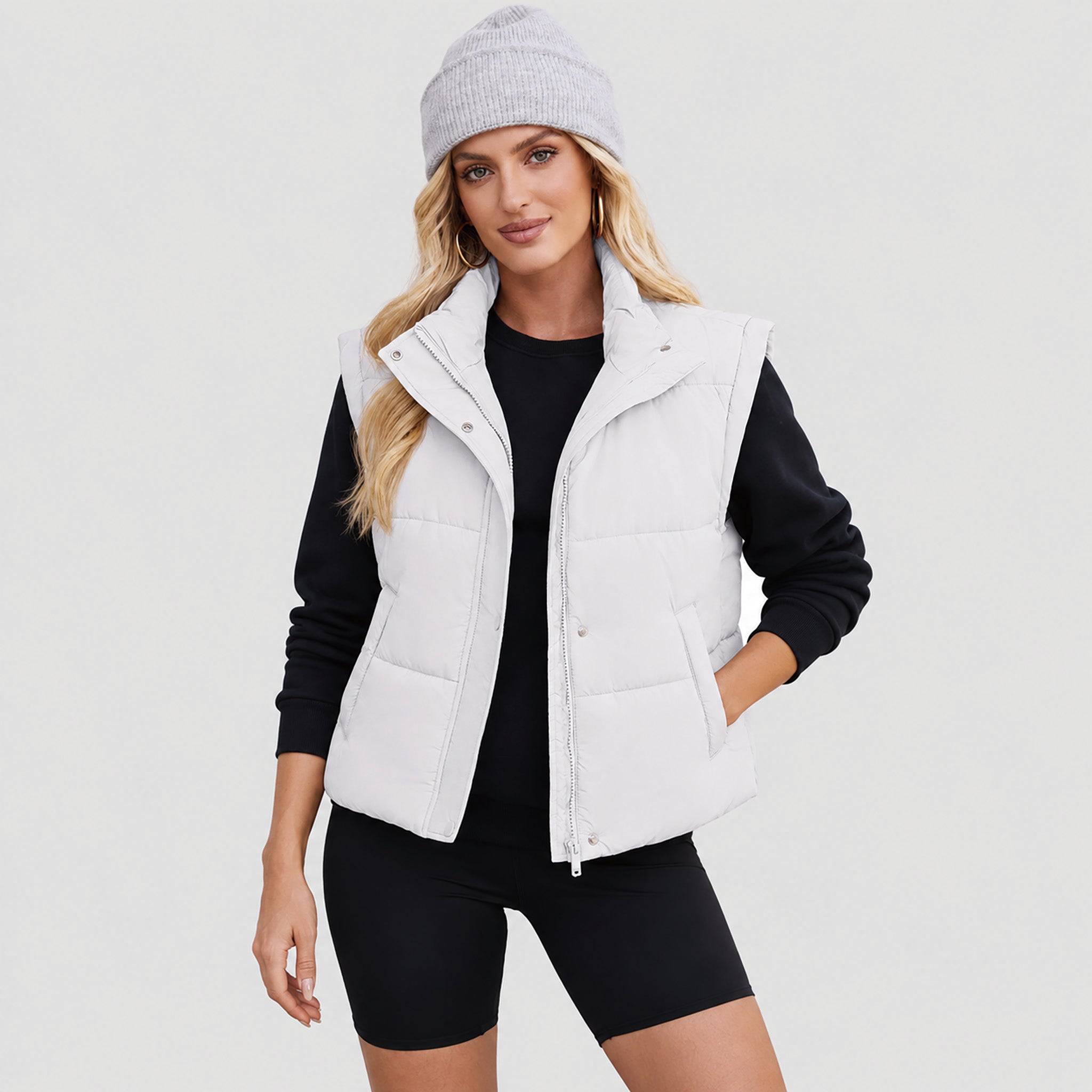Womens Lightweight Cropped Puffer Vest with Stand Collar