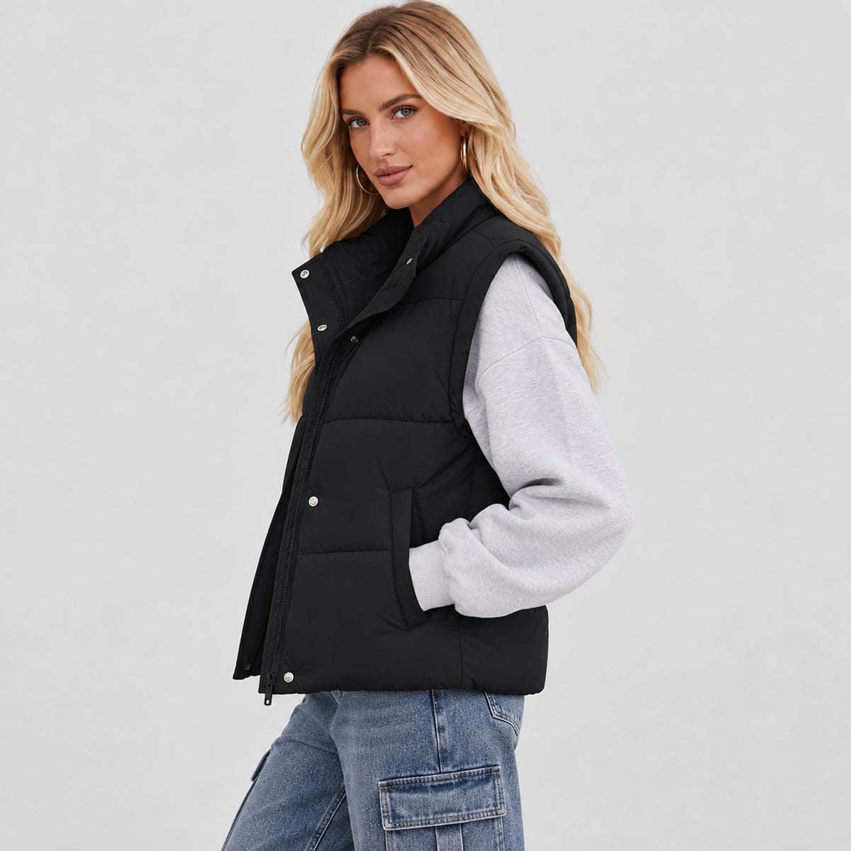 Womens Lightweight Cropped Puffer Vest with Stand Collar