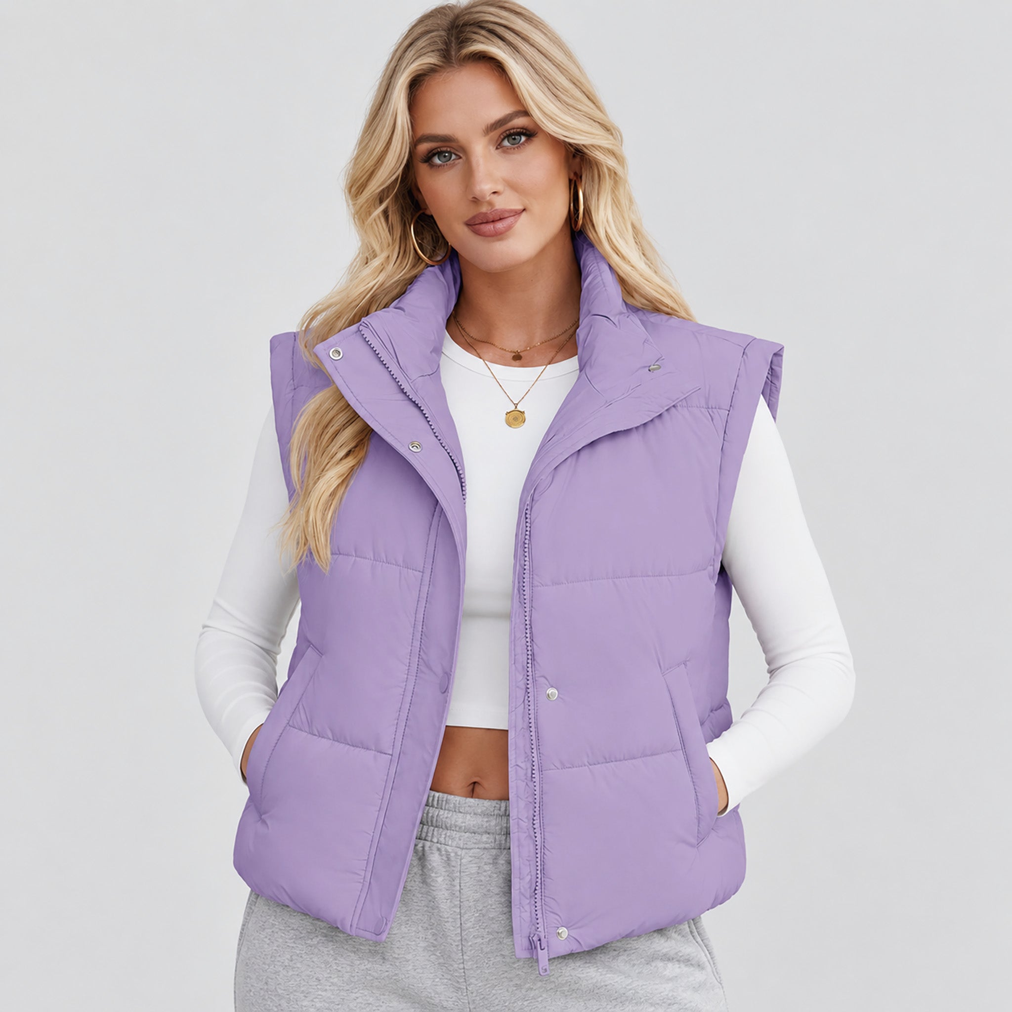 Womens Lightweight Cropped Puffer Vest with Stand Collar