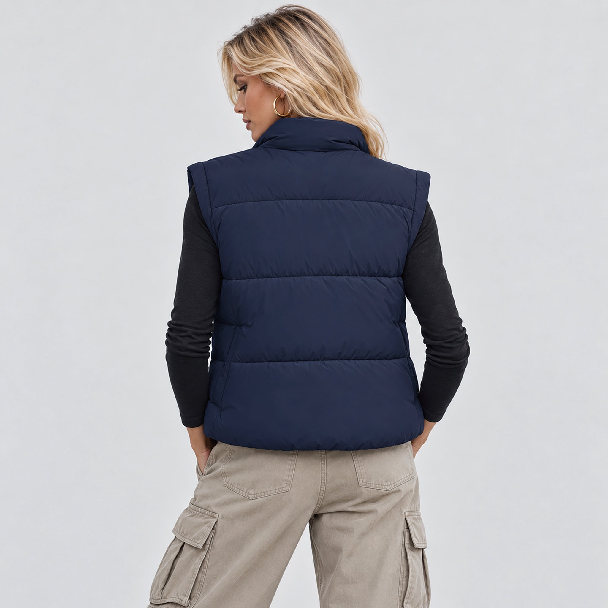Womens Lightweight Cropped Puffer Vest with Stand Collar