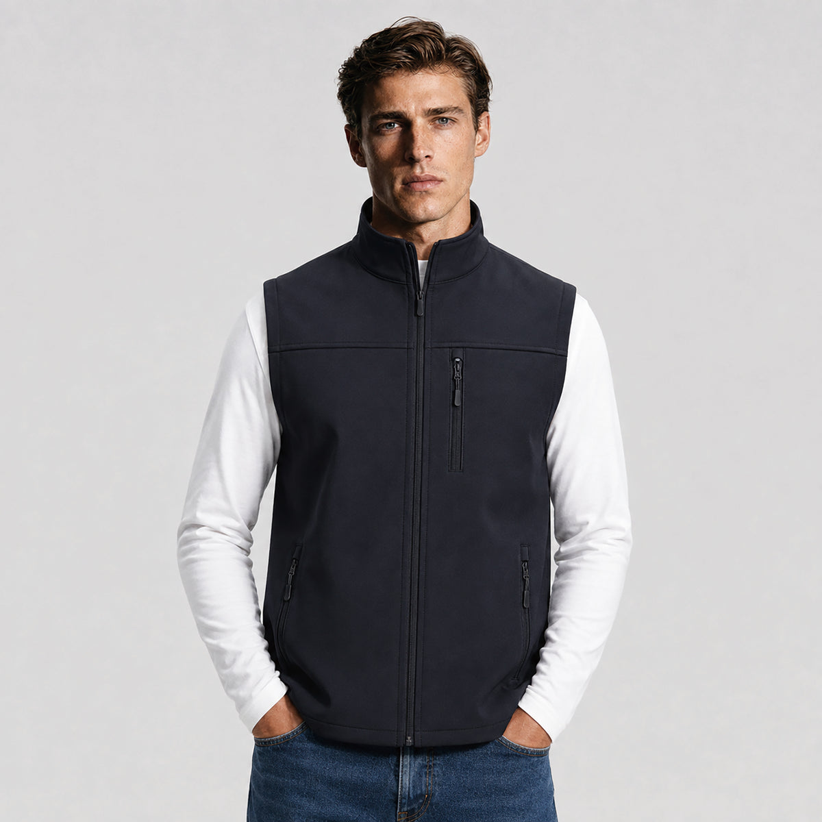 Men's Waterproof Softshell Vest 6-Pocket Fleece Lined Golf Windbreaker