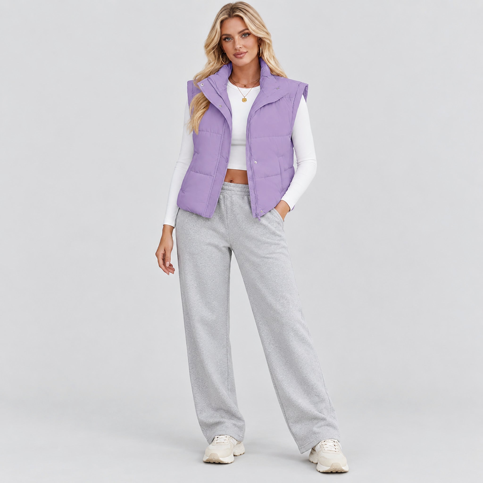 Womens Lightweight Cropped Puffer Vest with Stand Collar