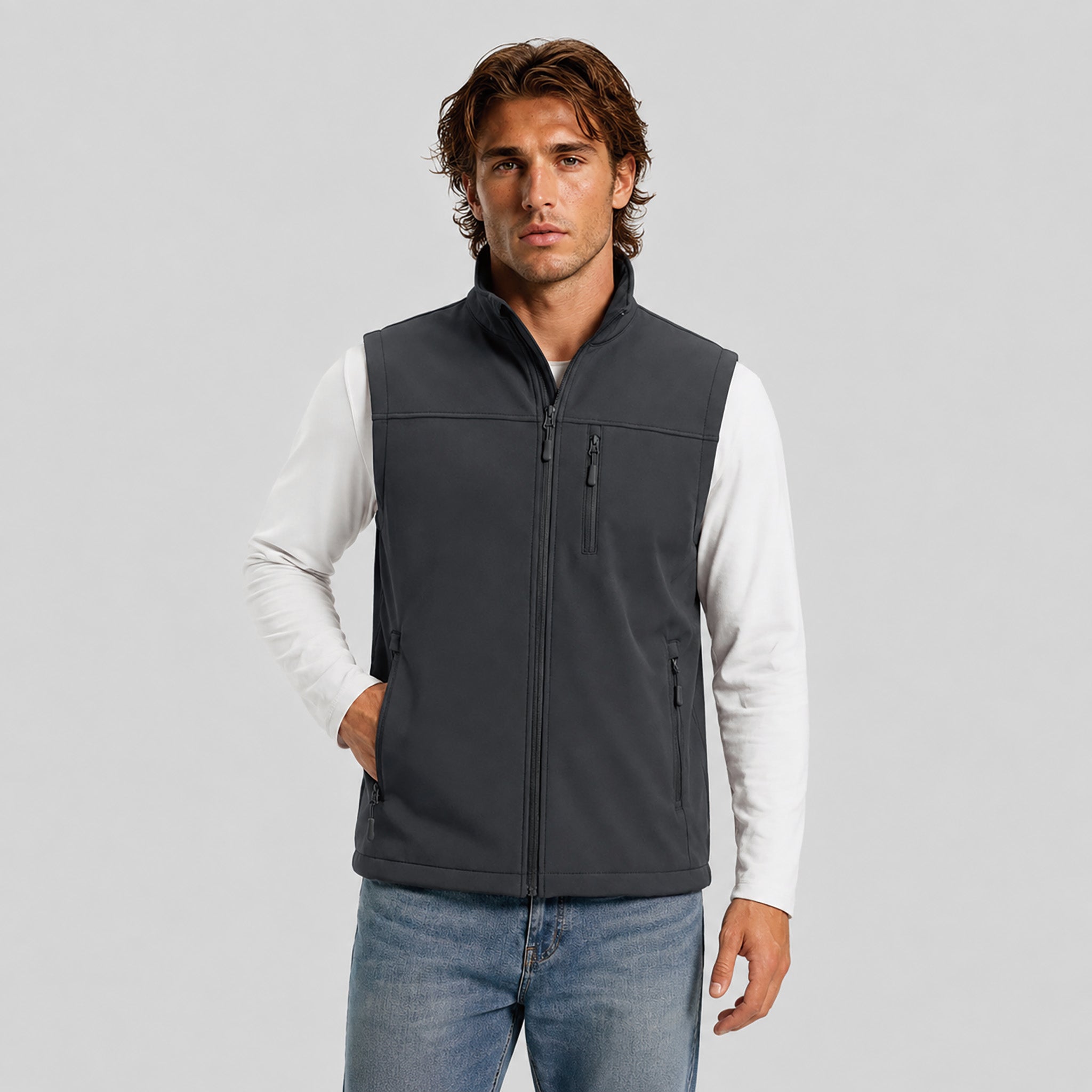 Men's Waterproof Softshell Vest 6-Pocket Fleece Lined Golf Windbreaker