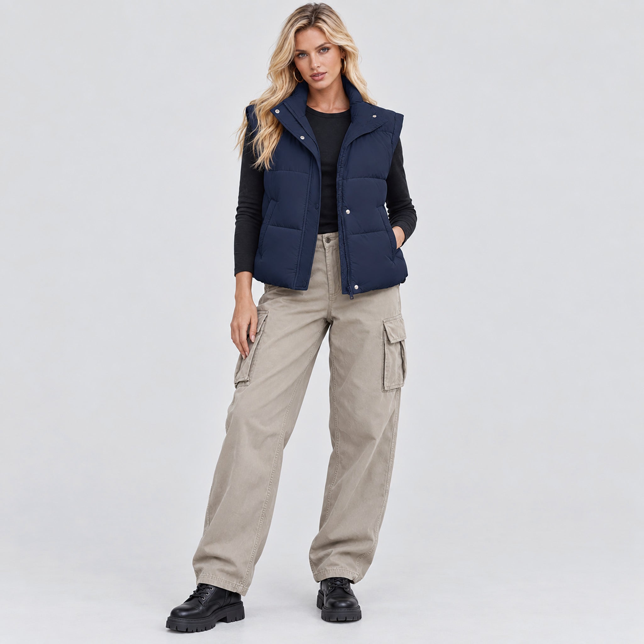Womens Lightweight Cropped Puffer Vest with Stand Collar
