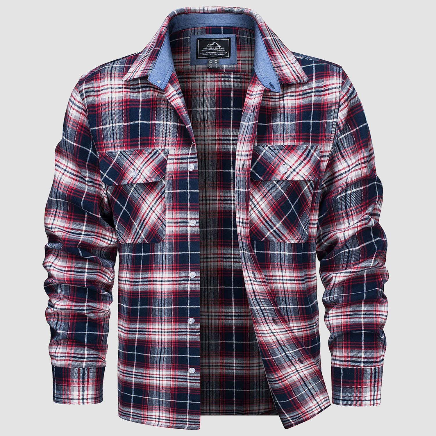 Red White Men's Long Sleeve Cotton Plaid Flannel Shirt - MAGCOMSEN