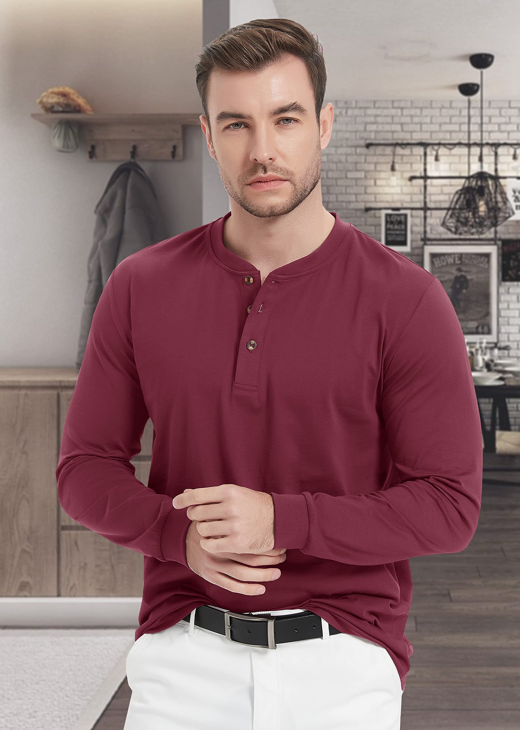 Men's Cotton Long Sleeve Henley Shirt, Casual Work Tee - MAGCOMSEN