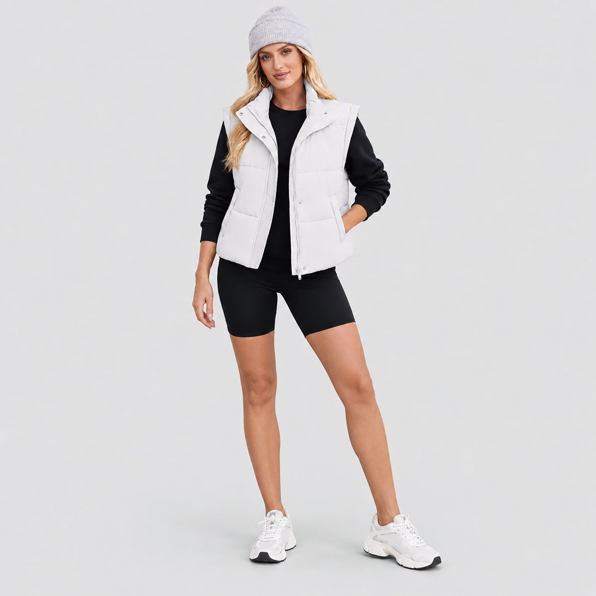 Womens Lightweight Cropped Puffer Vest with Stand Collar