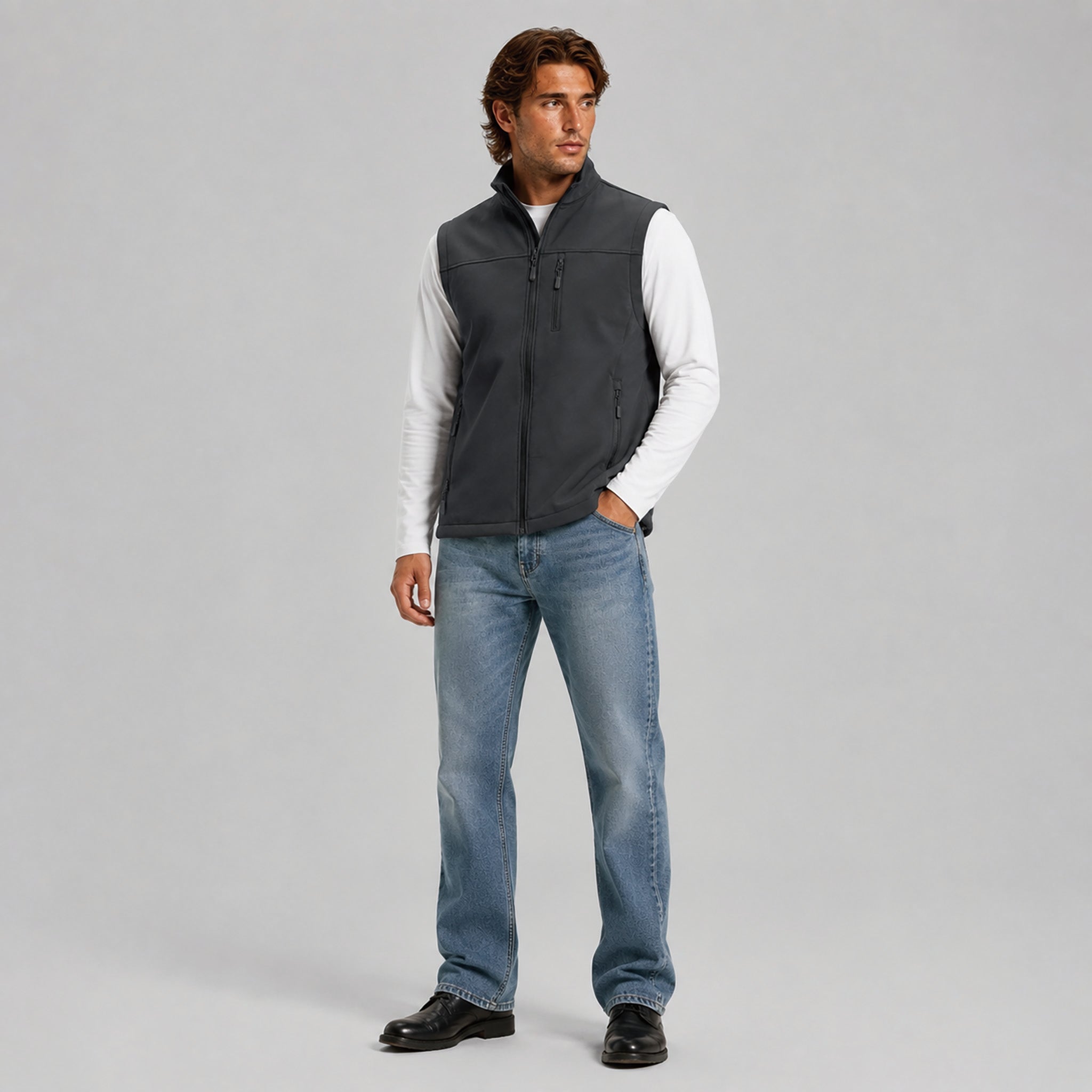 Men's Waterproof Softshell Vest 6-Pocket Fleece Lined Golf Windbreaker
