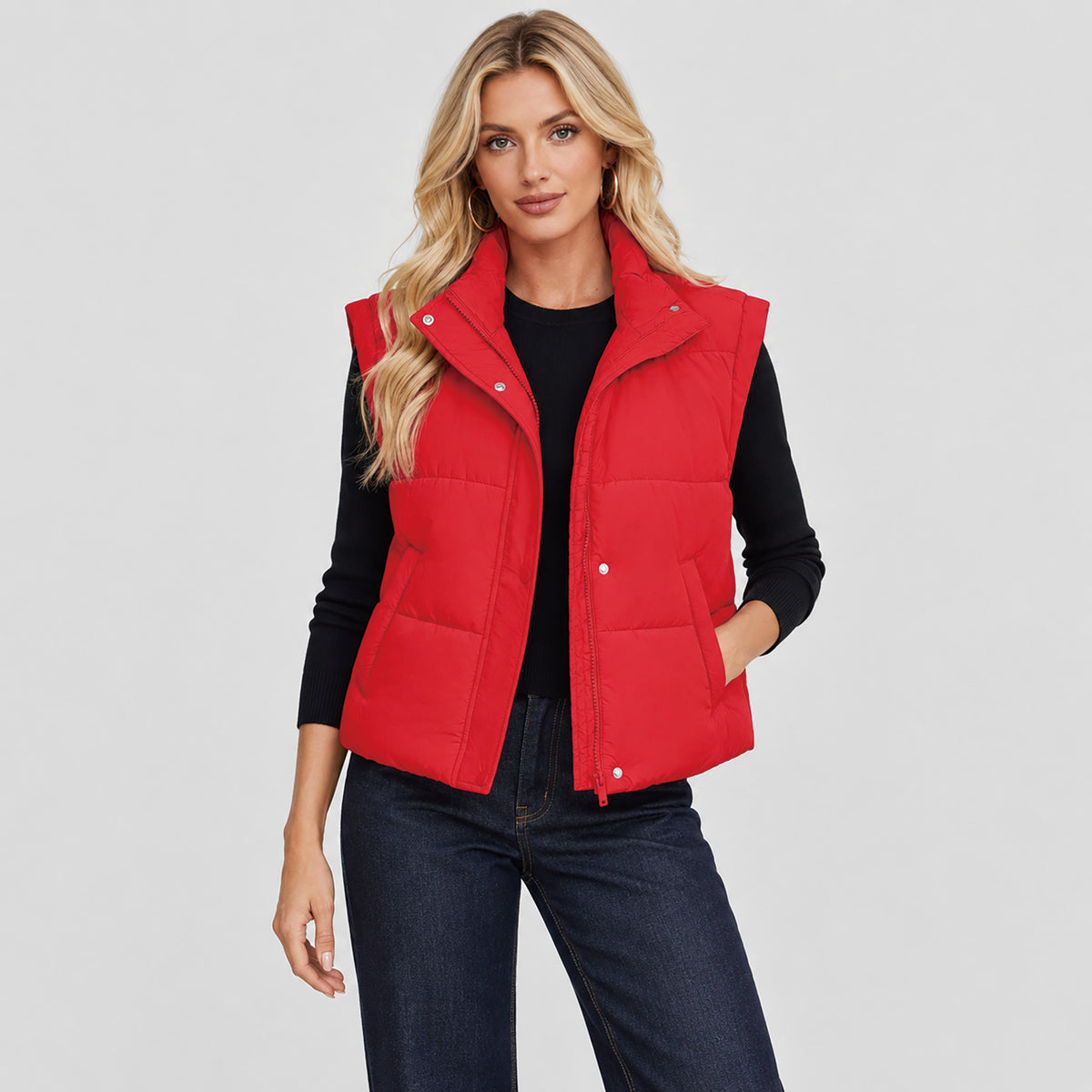 Womens Lightweight Cropped Puffer Vest with Stand Collar