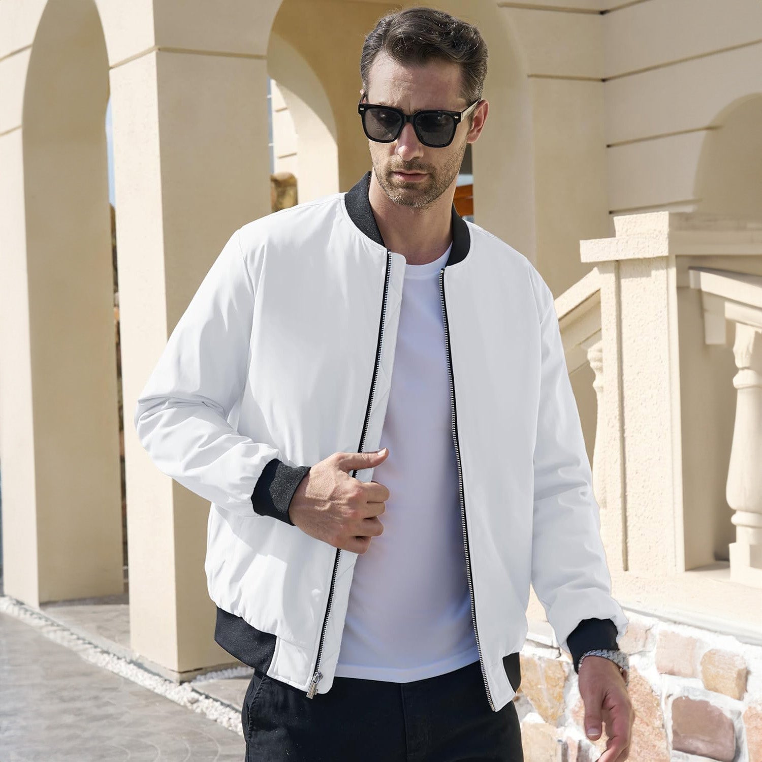 Men's Winter Bomber Jacket, Quilted & Windproof Zip-Up Coa - Black