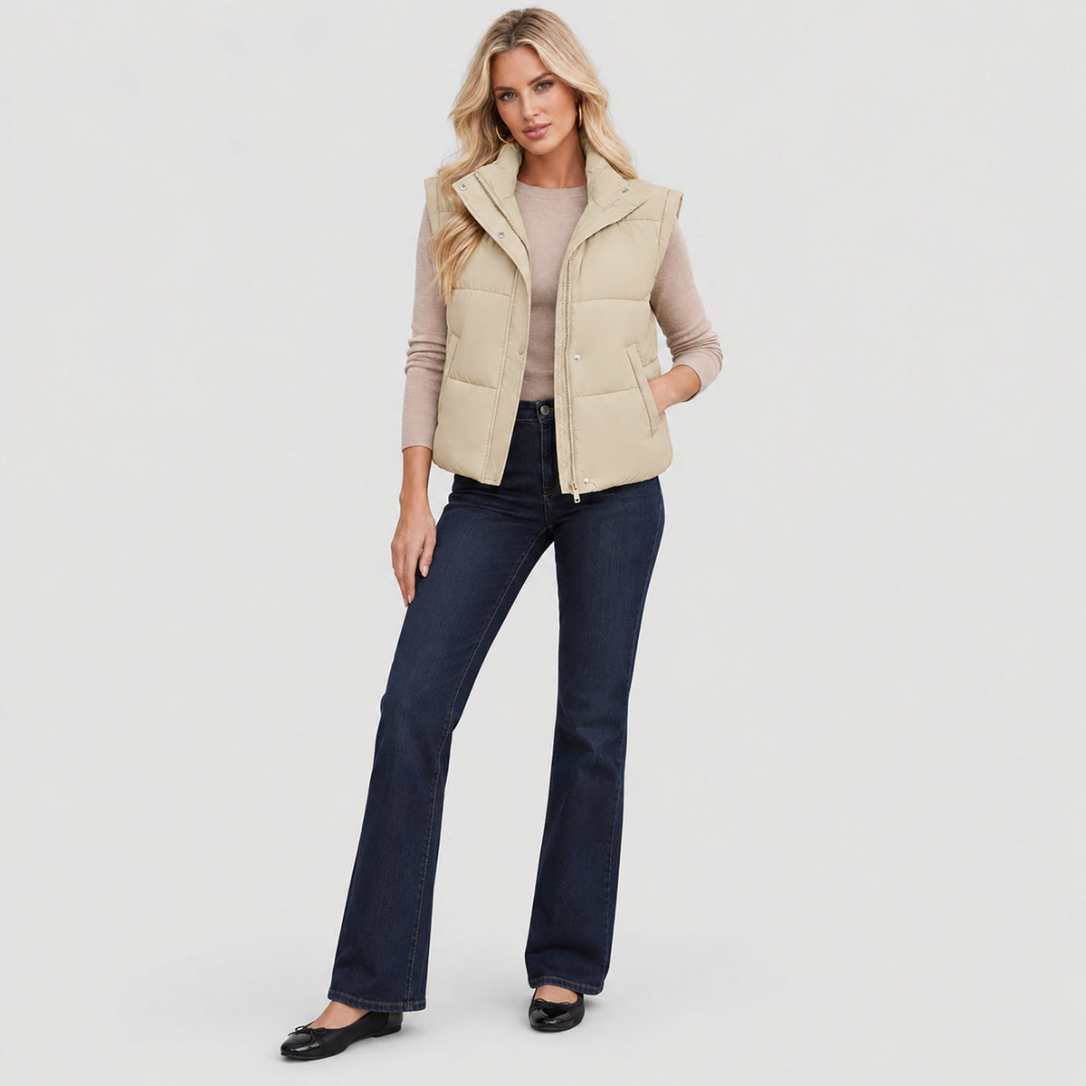 Womens Lightweight Cropped Puffer Vest with Stand Collar