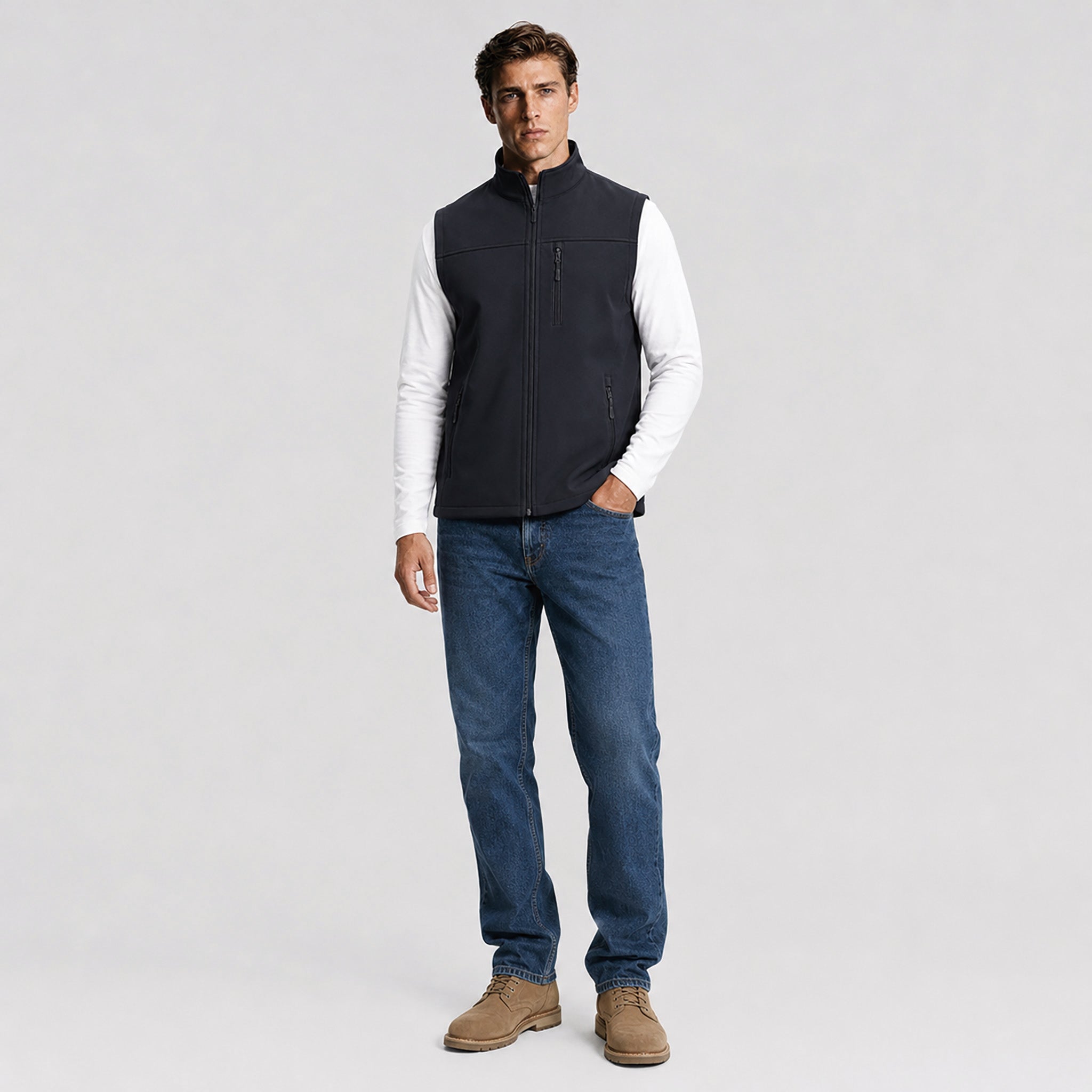 Men's Waterproof Softshell Vest 6-Pocket Fleece Lined Golf Windbreaker