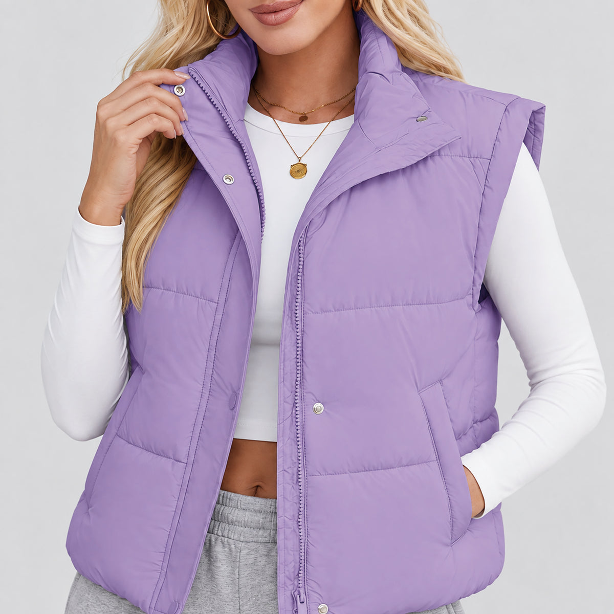 Womens Lightweight Cropped Puffer Vest with Stand Collar