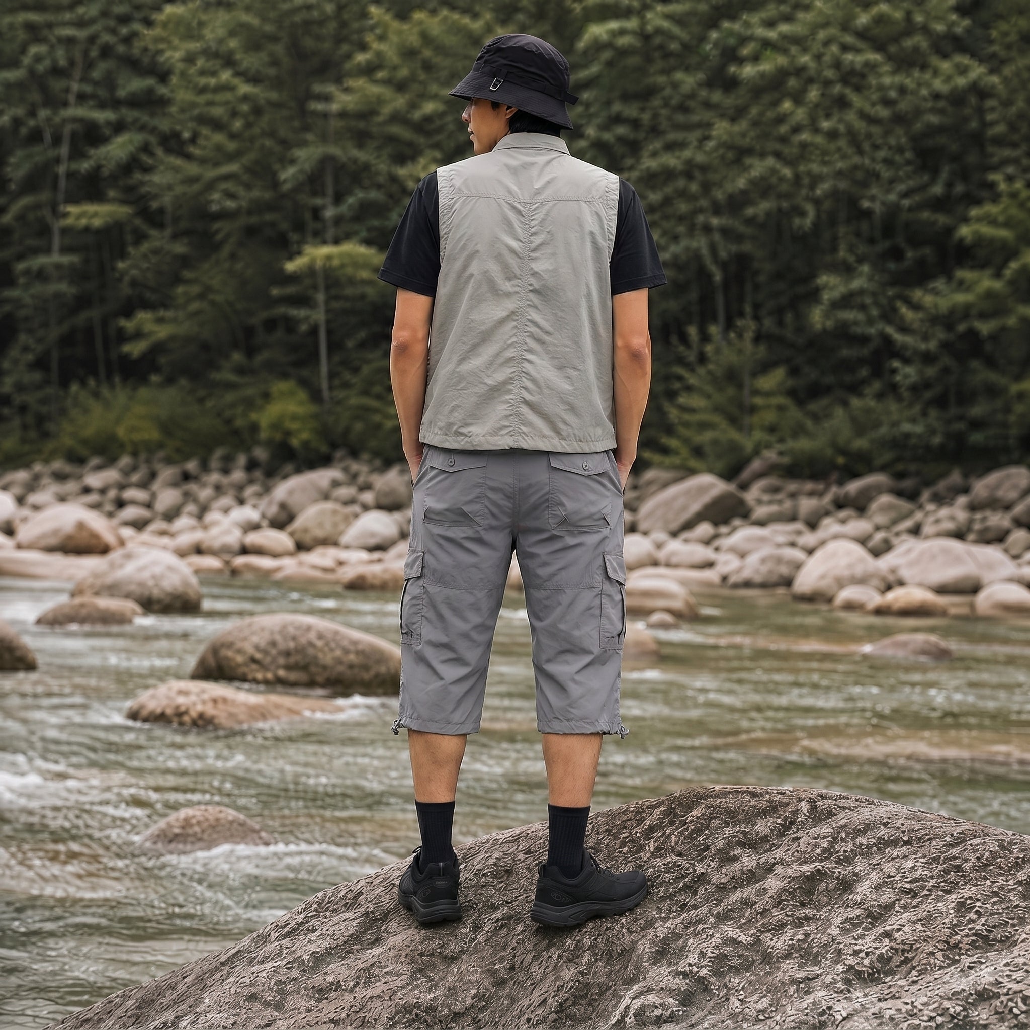 Men's Below Knee Cargo Shorts - Cotton, 7 Pockets, Work Capris Silver by MAGCOMSEN