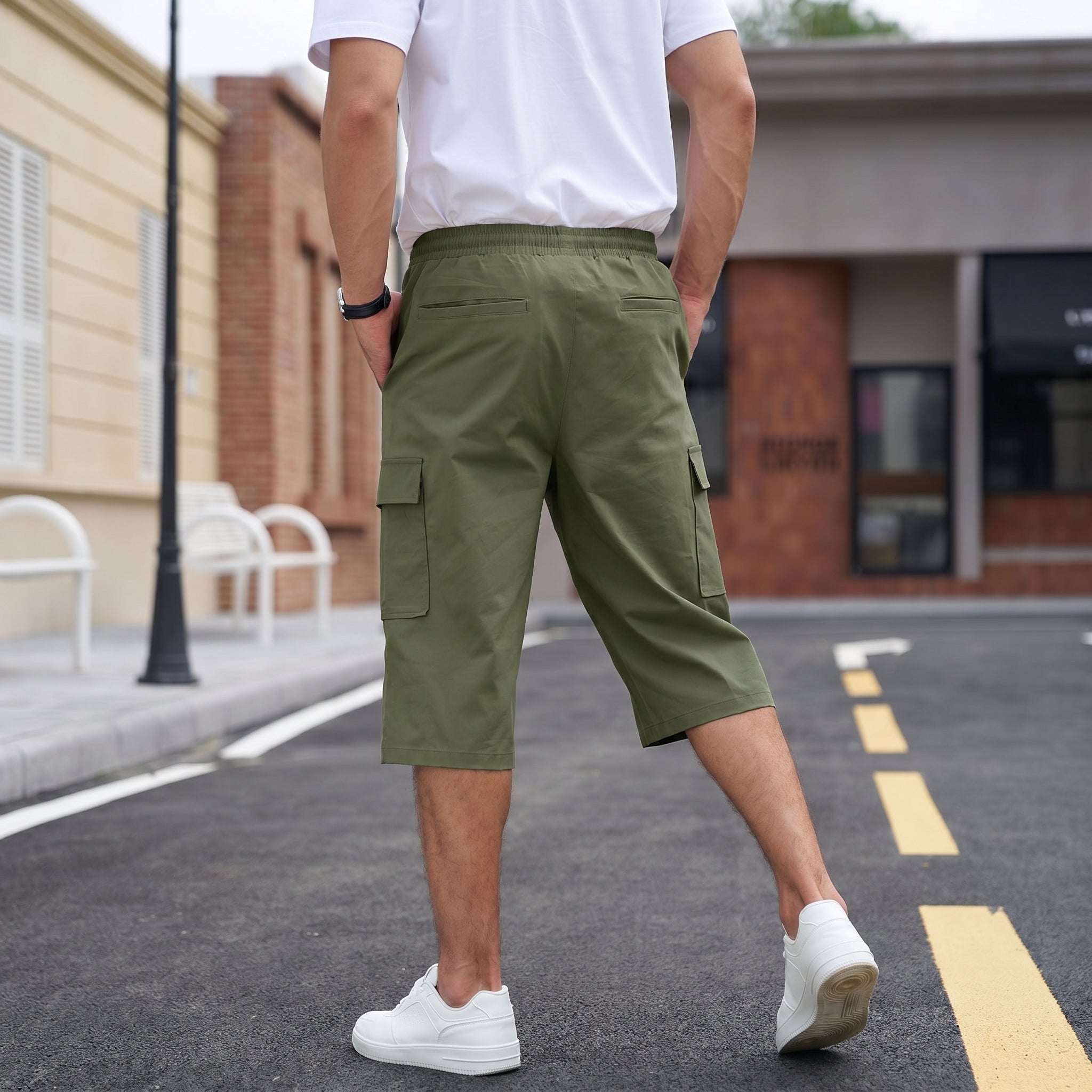 Men's Cotton Cargo Shorts - Below Knee Stretch Work Shorts Army Green by MAGCOMSEN